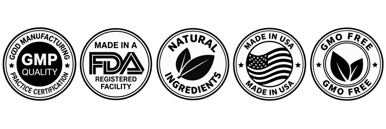 Made in USA, FDA registered facility, GMP, Non-GMO, Gluten Free