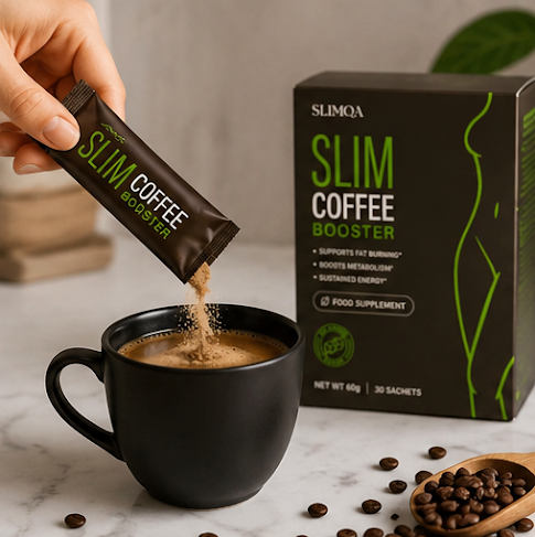 Pouring Slimqa sachet into a cup of coffee